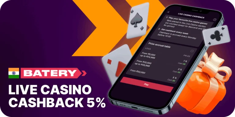 5% cashback at Batery for Live Casino players